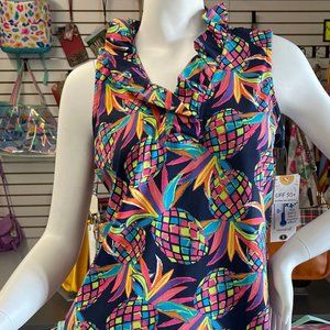 Lulu-B Navy Blue Pineapple Sleeveless Ruffle V-Neck Top UPF50+ Sun Protection